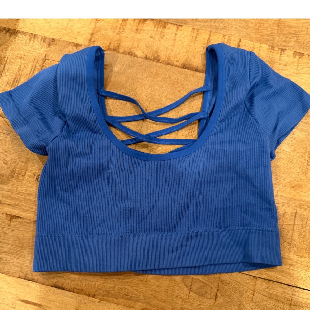 Aerie Real Good Ribbed Crop Top Blue Strappy Criss Cross Back Size Large